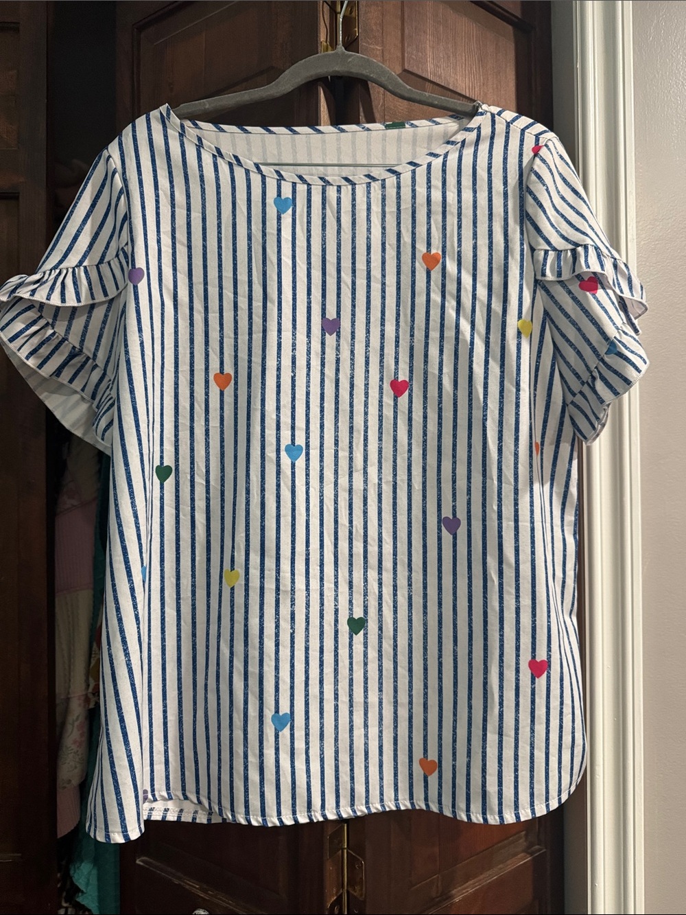 SHEIN White & Blue Striped Ruffle Sleeve Top with Multicolor Heart Prints